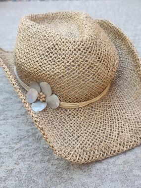 Straw Woven Western Boho Cowgirl Cowboy Hat, Floral Flower Accent